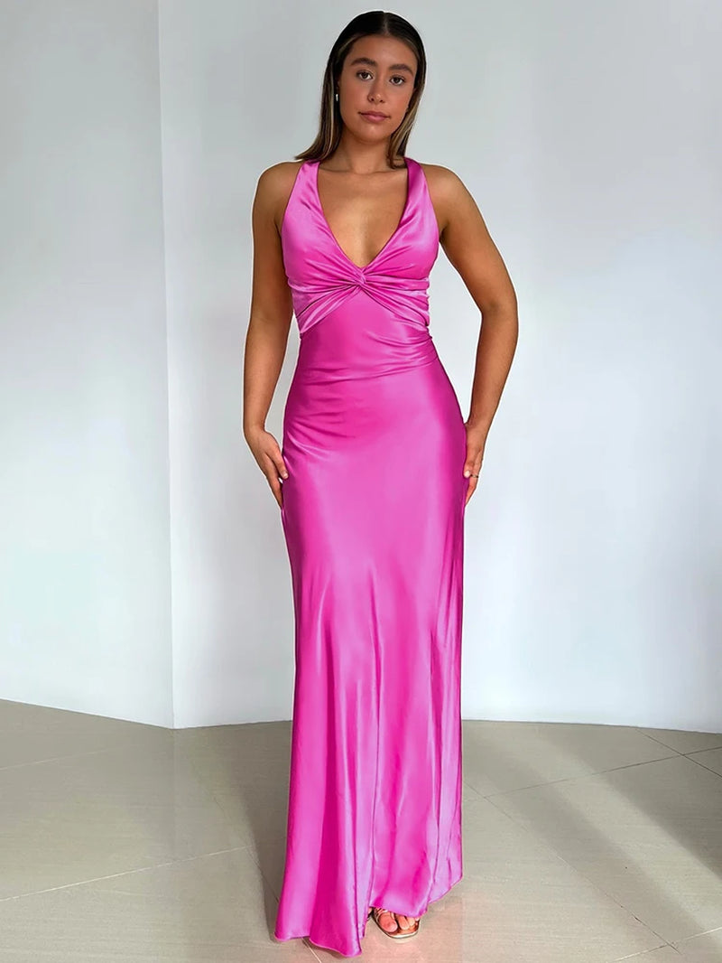 Satin Bow Backless Sexy Maxi Dress for Women Gown Fashion V Neck Sleeveless Club Party Evening Dress Elegant