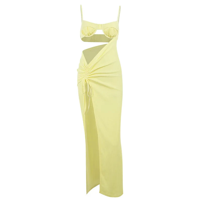 Yellow Bikini Cover up Spaghetti Strap Sexy Backless Maxi Dress Summer Holiday Women Dresses Hollow Out Dress Sundress