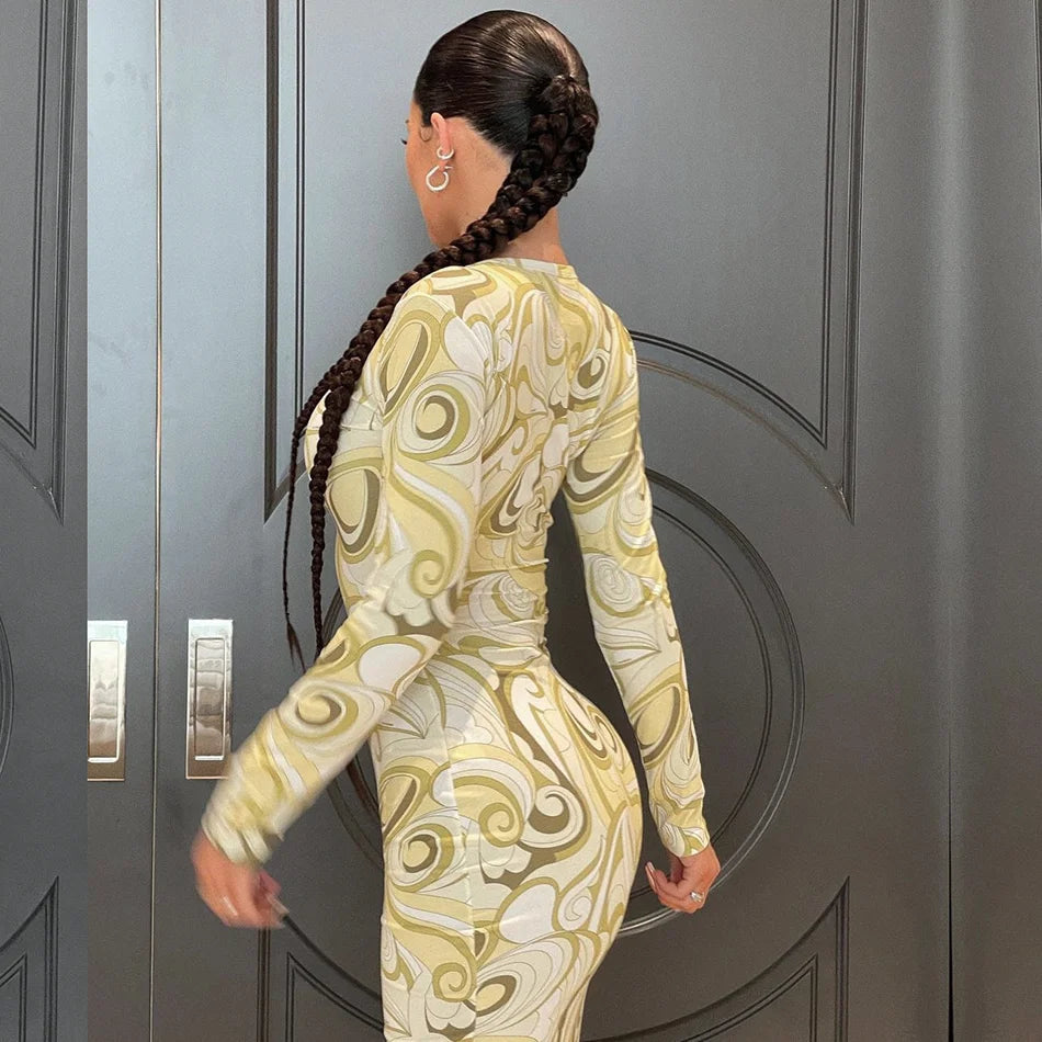 Jersey Maxi Dress Kylie Inspired Yellow Swirl-Print Stretch round Neck Long Sleeves Back Slit Evening Gown
