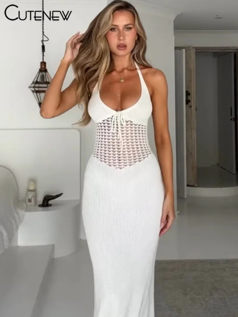 Women'S Elegant White Knitted Maxi Dress Elegant Backless Sleeveless Suspender Dresses Summer Streetwear Casual Vestidos