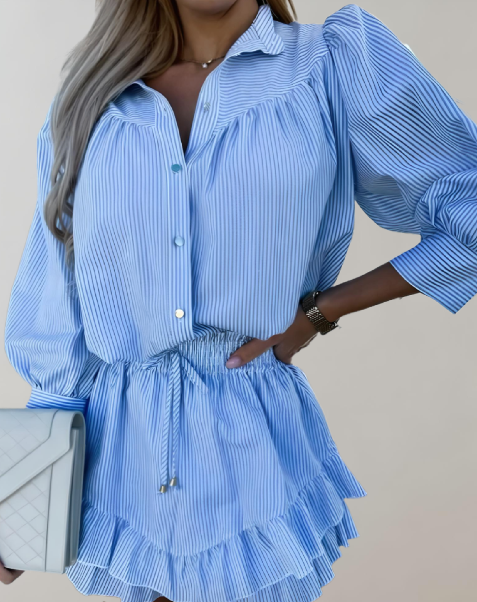 Lizzy - Button-Up Blouse & High-Waisted Mini Skirt - Ruffled Layers
