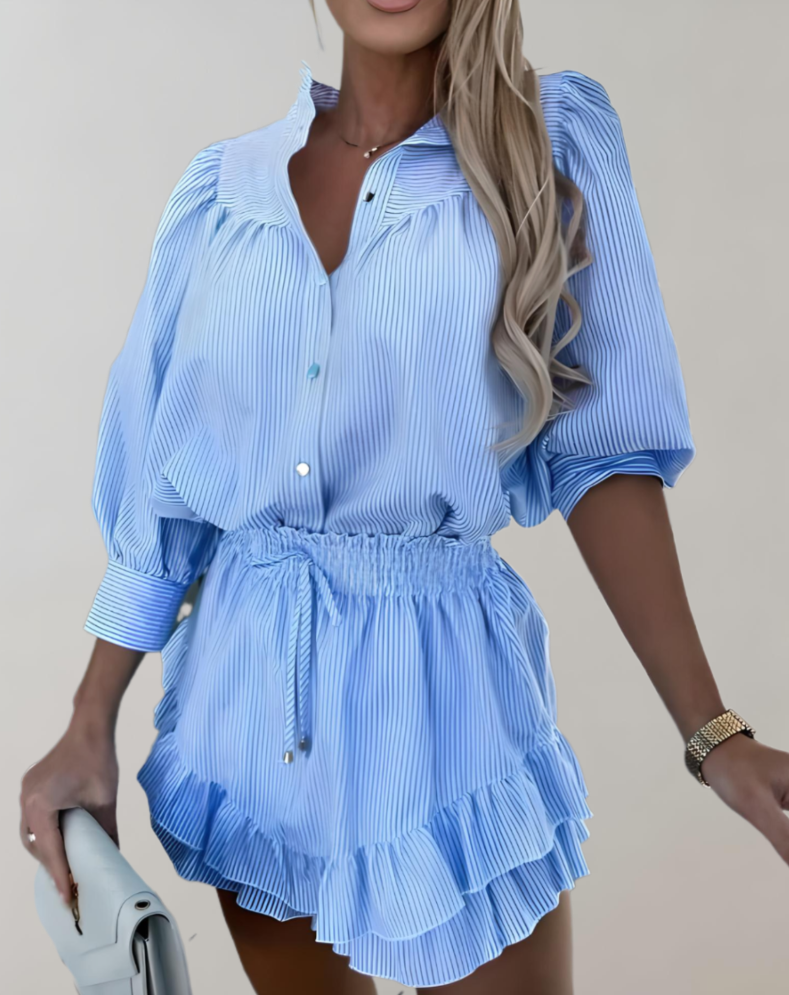 Lizzy - Button-Up Blouse & High-Waisted Mini Skirt - Ruffled Layers