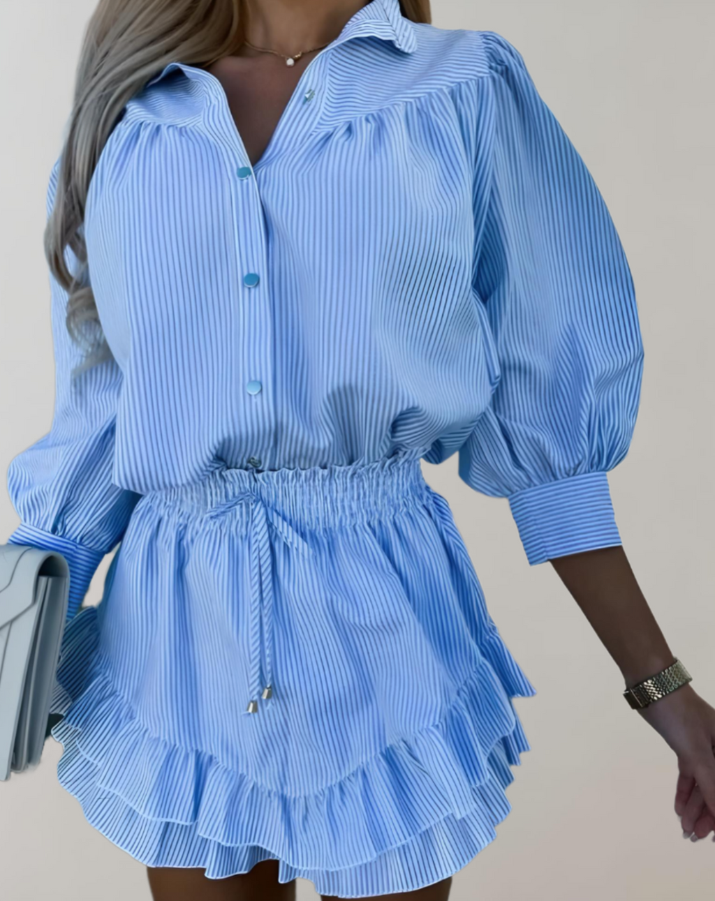 Lizzy - Button-Up Blouse & High-Waisted Mini Skirt - Ruffled Layers