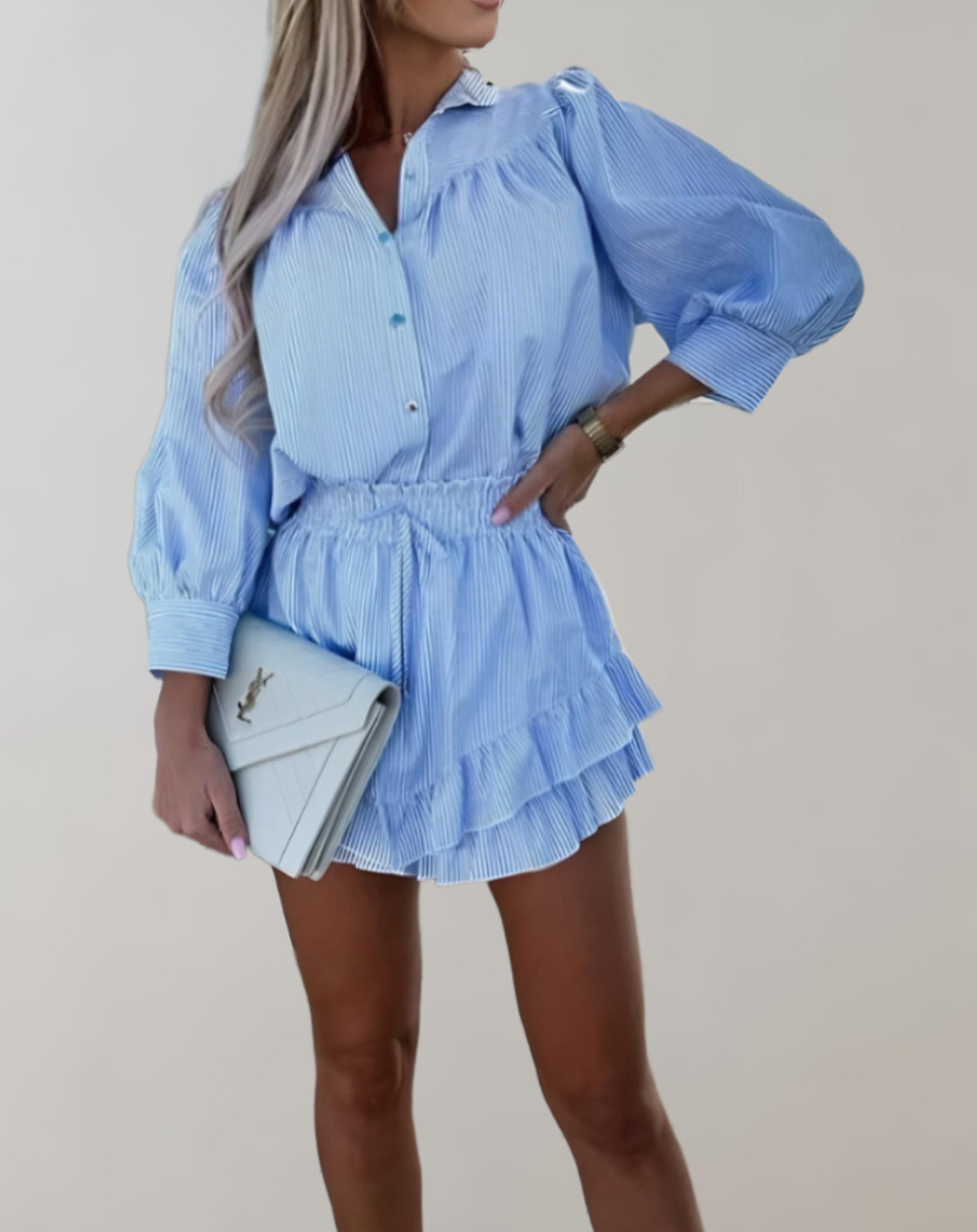 Lizzy - Button-Up Blouse & High-Waisted Mini Skirt - Ruffled Layers