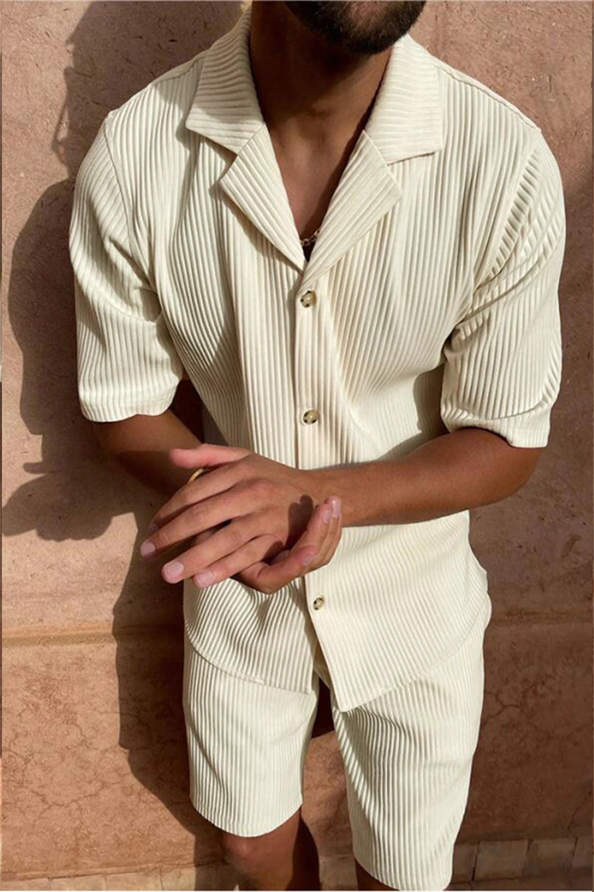 Spring/Summer Suit Solid Color Corduroy Shorts Sleeve Shirt and Shorts Stretch Beach Casual Suit