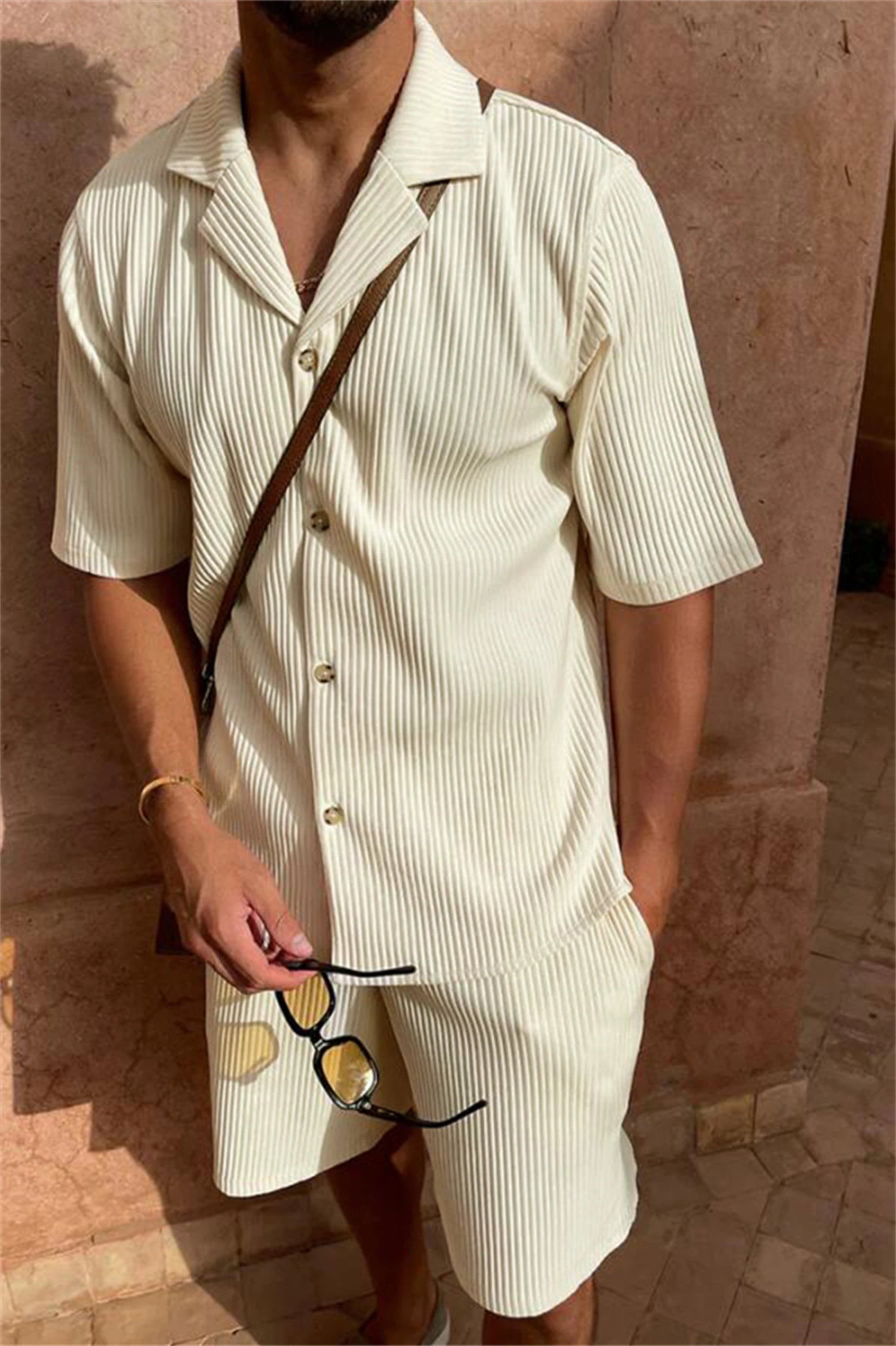 Spring/Summer Suit Solid Color Corduroy Shorts Sleeve Shirt and Shorts Stretch Beach Casual Suit