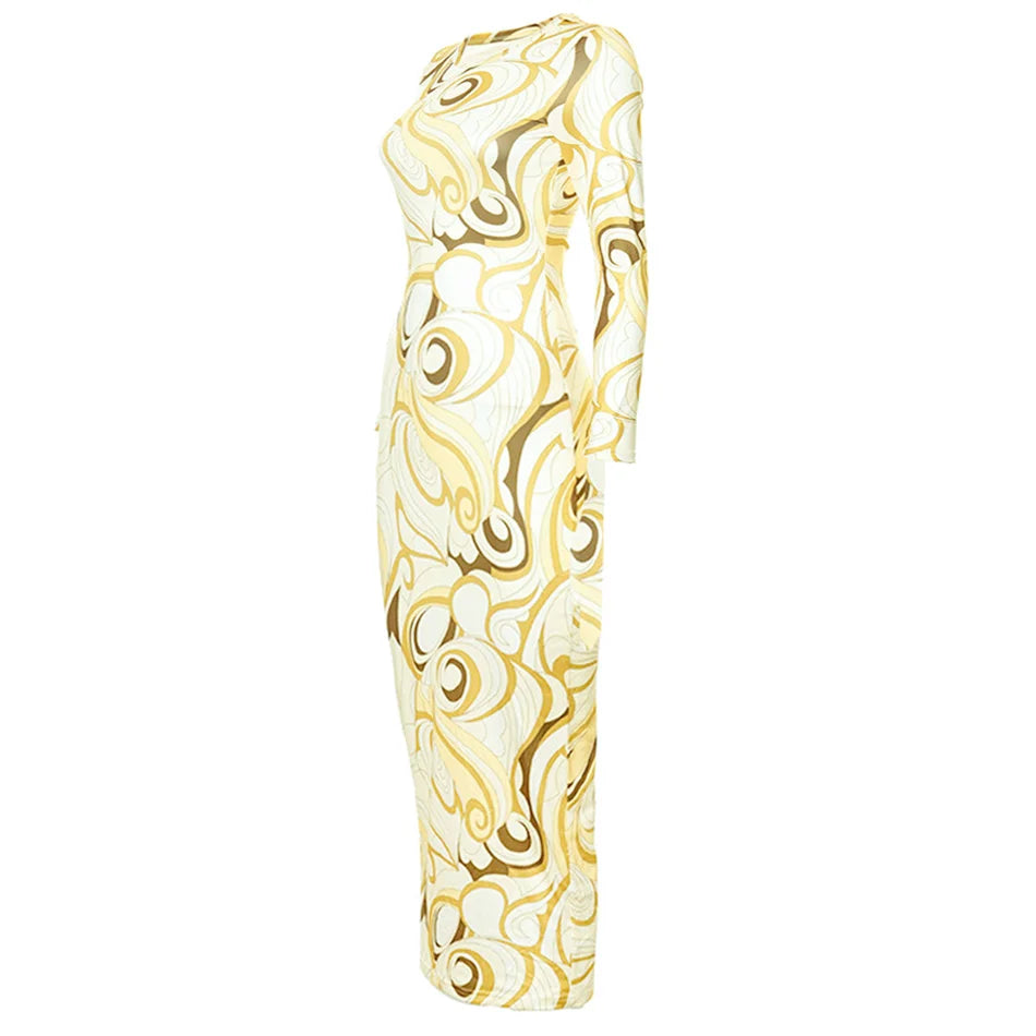 Jersey Maxi Dress Kylie Inspired Yellow Swirl-Print Stretch round Neck Long Sleeves Back Slit Evening Gown