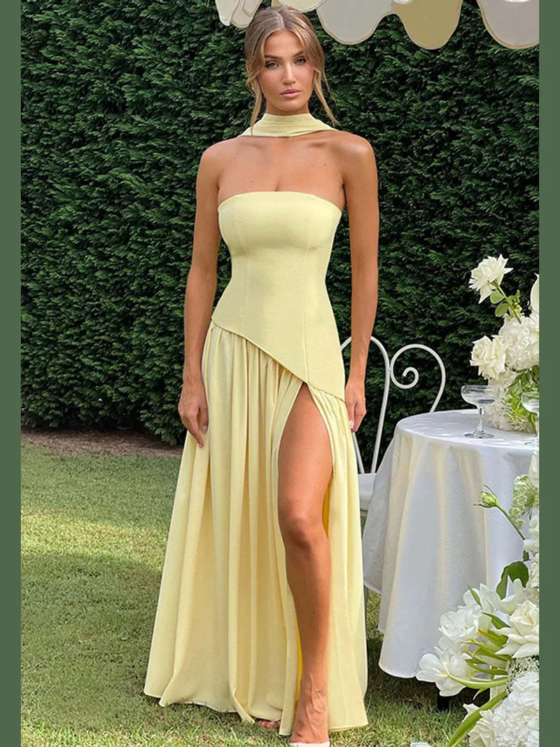 Yellow Scarf Collar Strapless Party Dress Women 2025 New High Slit Backless Spliced Pleated Robes Female Summer Party Prom Gowns