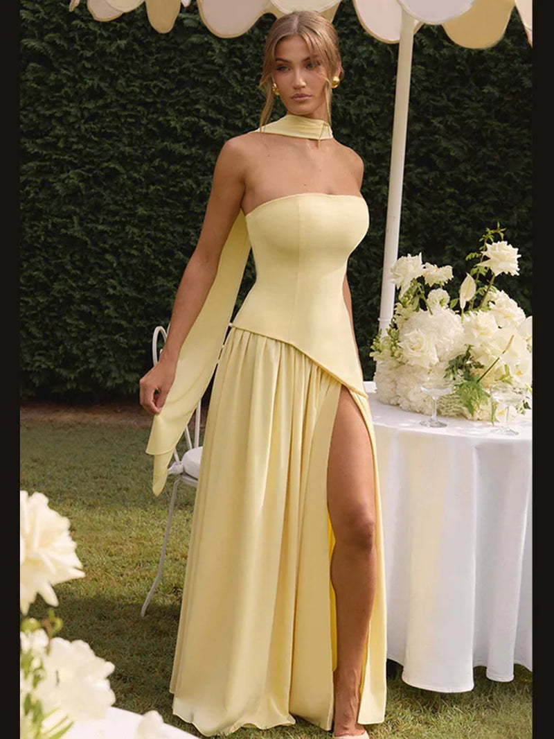 Yellow Scarf Collar Strapless Party Dress Women 2025 New High Slit Backless Spliced Pleated Robes Female Summer Party Prom Gowns