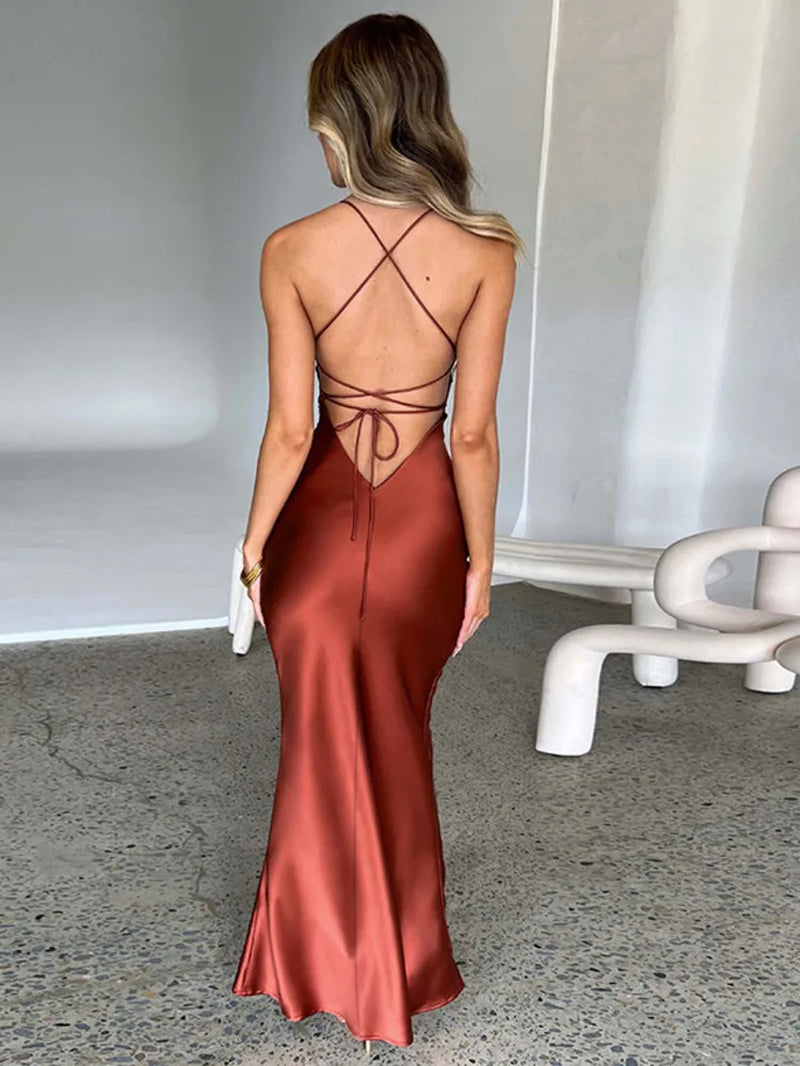 Satin Backless Maxi Dress for Women 2022 Autumn New Spaghetti Strap Sleeveless Bodycon Long Dress Vestido Clubwear