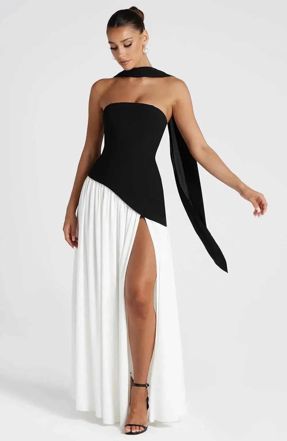 Yellow Scarf Collar Strapless Party Dress Women 2025 New High Slit Backless Spliced Pleated Robes Female Summer Party Prom Gowns