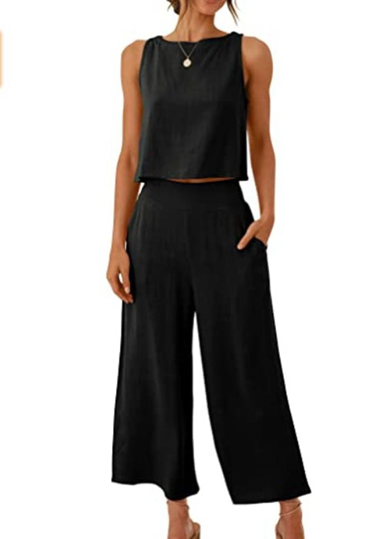Riz - Sleeveless Vest and Wide-Leg Pants Set for Women