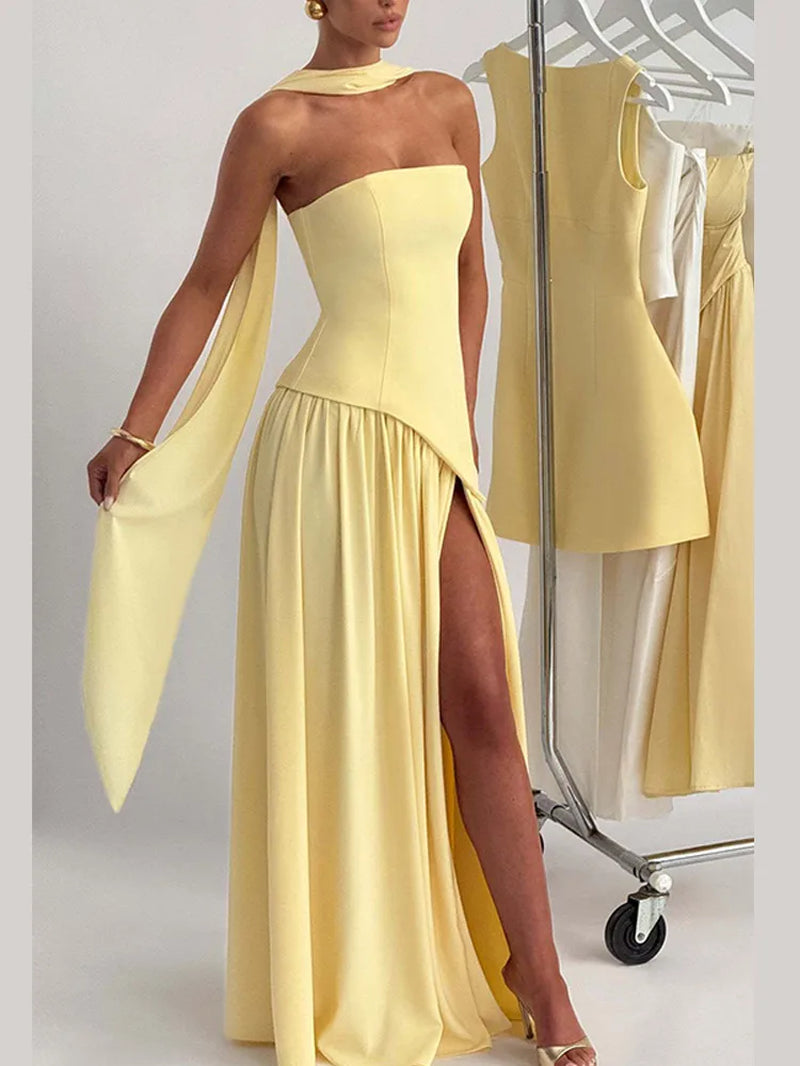 Yellow Scarf Collar Strapless Party Dress Women 2025 New High Slit Backless Spliced Pleated Robes Female Summer Party Prom Gowns