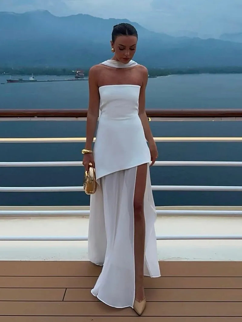 Yellow Scarf Collar Strapless Party Dress Women 2025 New High Slit Backless Spliced Pleated Robes Female Summer Party Prom Gowns