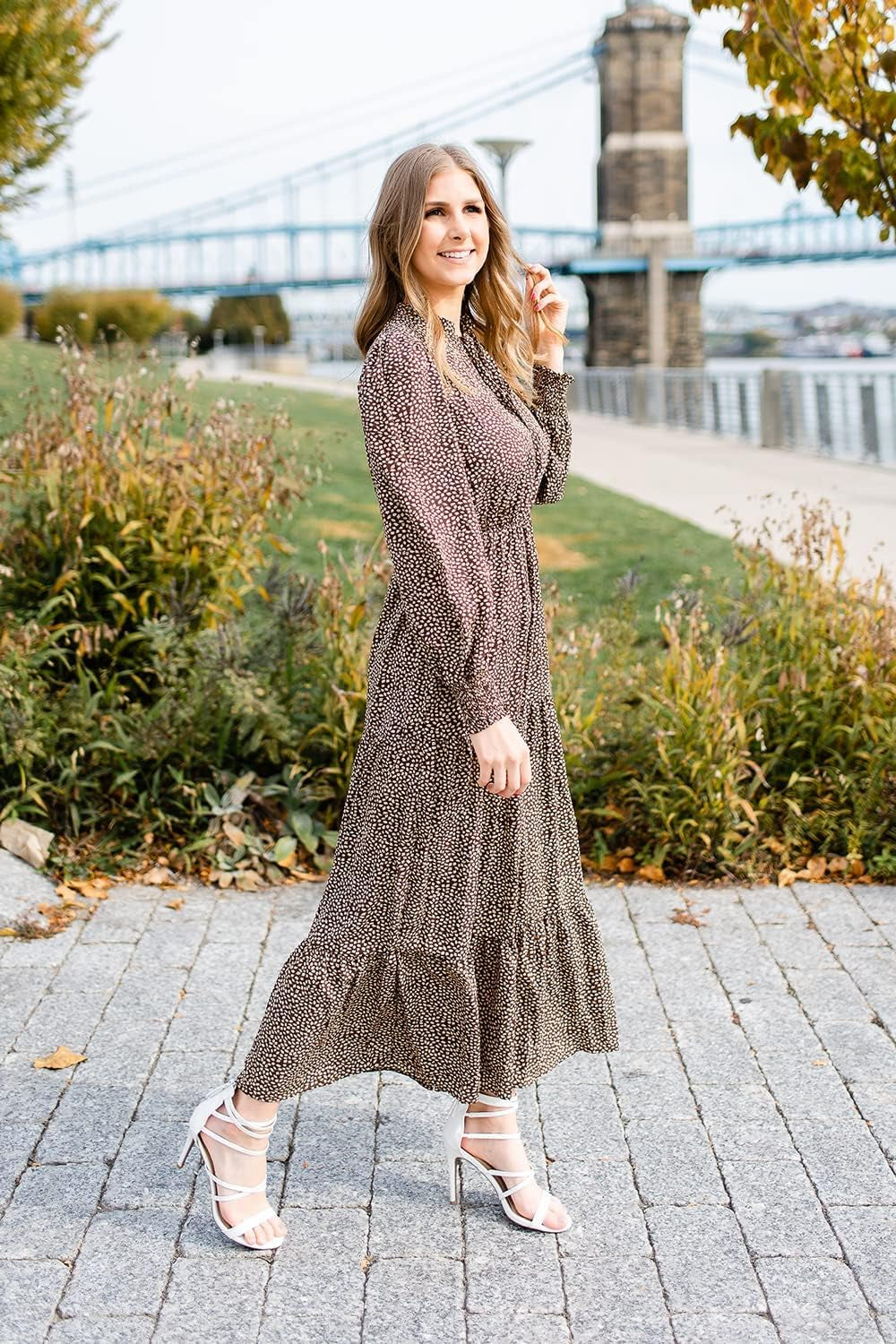 Women'S Fall Long Sleeve Dresses Empire Waist V Neck Boho Floral Print Tiered Ruffle Hem Maxi Dress