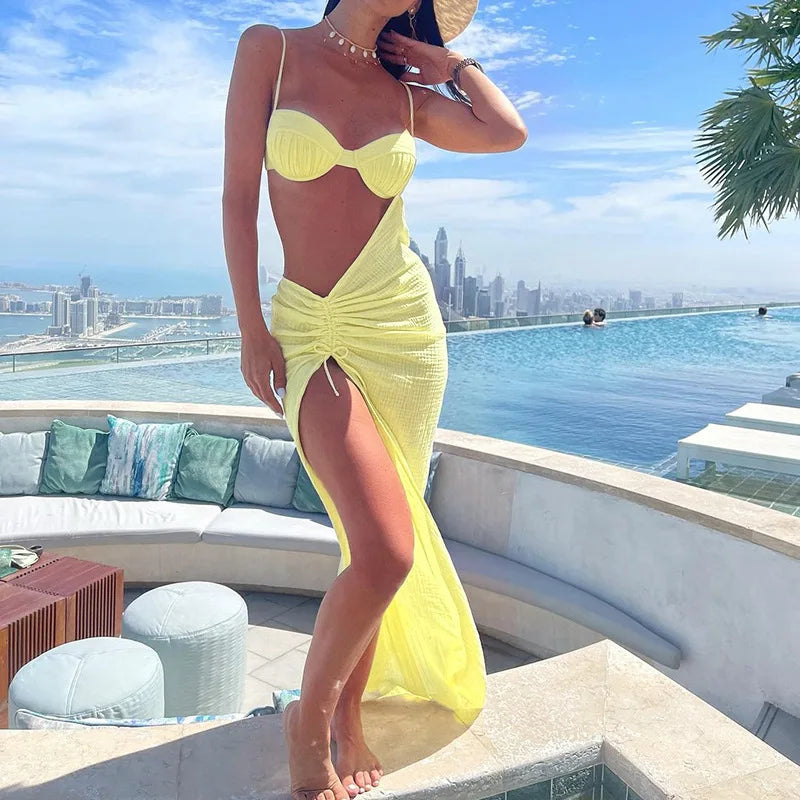 Yellow Bikini Cover up Spaghetti Strap Sexy Backless Maxi Dress Summer Holiday Women Dresses Hollow Out Dress Sundress
