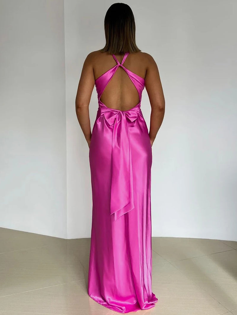 Satin Bow Backless Sexy Maxi Dress for Women Gown Fashion V Neck Sleeveless Club Party Evening Dress Elegant
