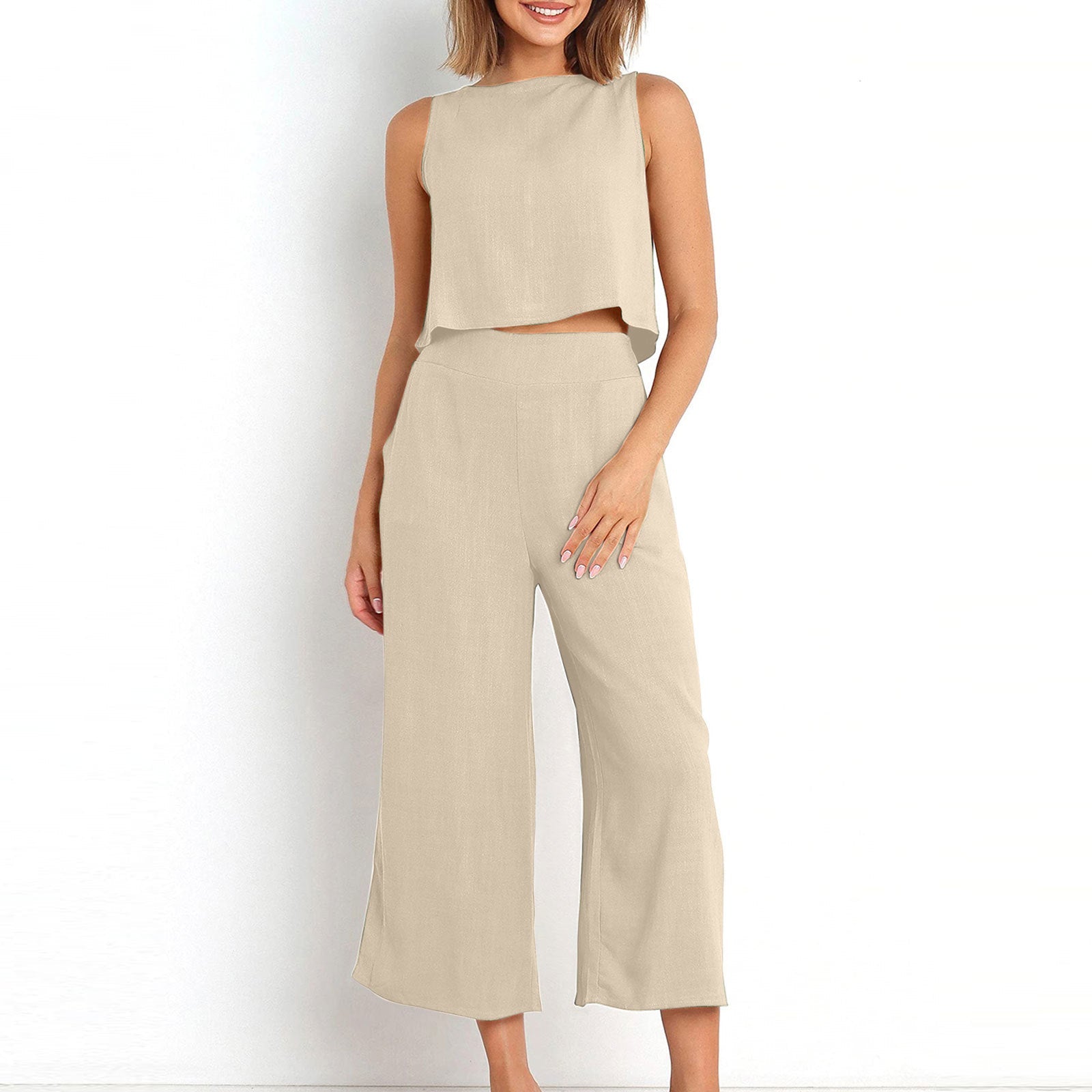 Riz - Sleeveless Vest and Wide-Leg Pants Set for Women