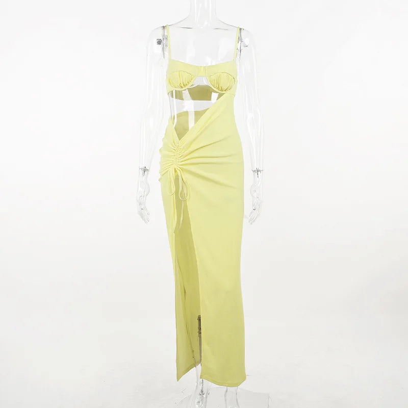 Yellow Bikini Cover up Spaghetti Strap Sexy Backless Maxi Dress Summer Holiday Women Dresses Hollow Out Dress Sundress