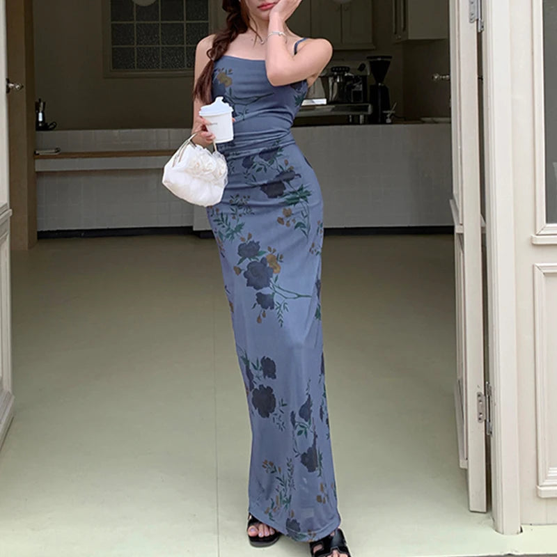 Blue Print Maxi Dress Women'S New Summer Sexy Backless Sling Sleeveless Mesh Dress Fashion Streetwear Casual Slim Party Dresses