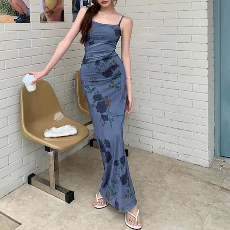 Blue Print Maxi Dress Women'S New Summer Sexy Backless Sling Sleeveless Mesh Dress Fashion Streetwear Casual Slim Party Dresses