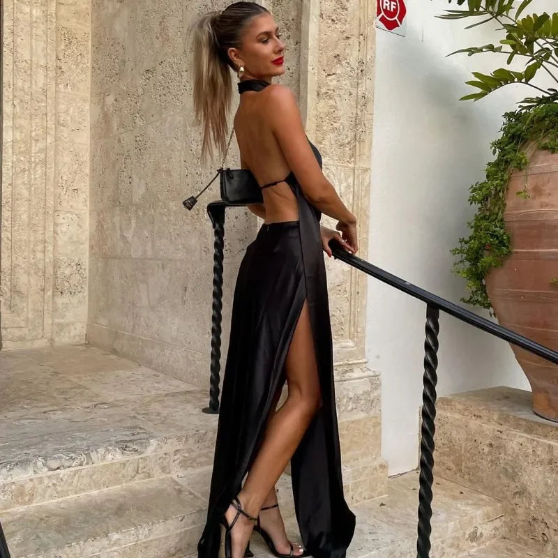 Sexy Sleeveless Backless Halter Maxi Split Dress Club Party Outfits Bodycon Elegant One Shoulder Satin Women Summer Clothes 2024