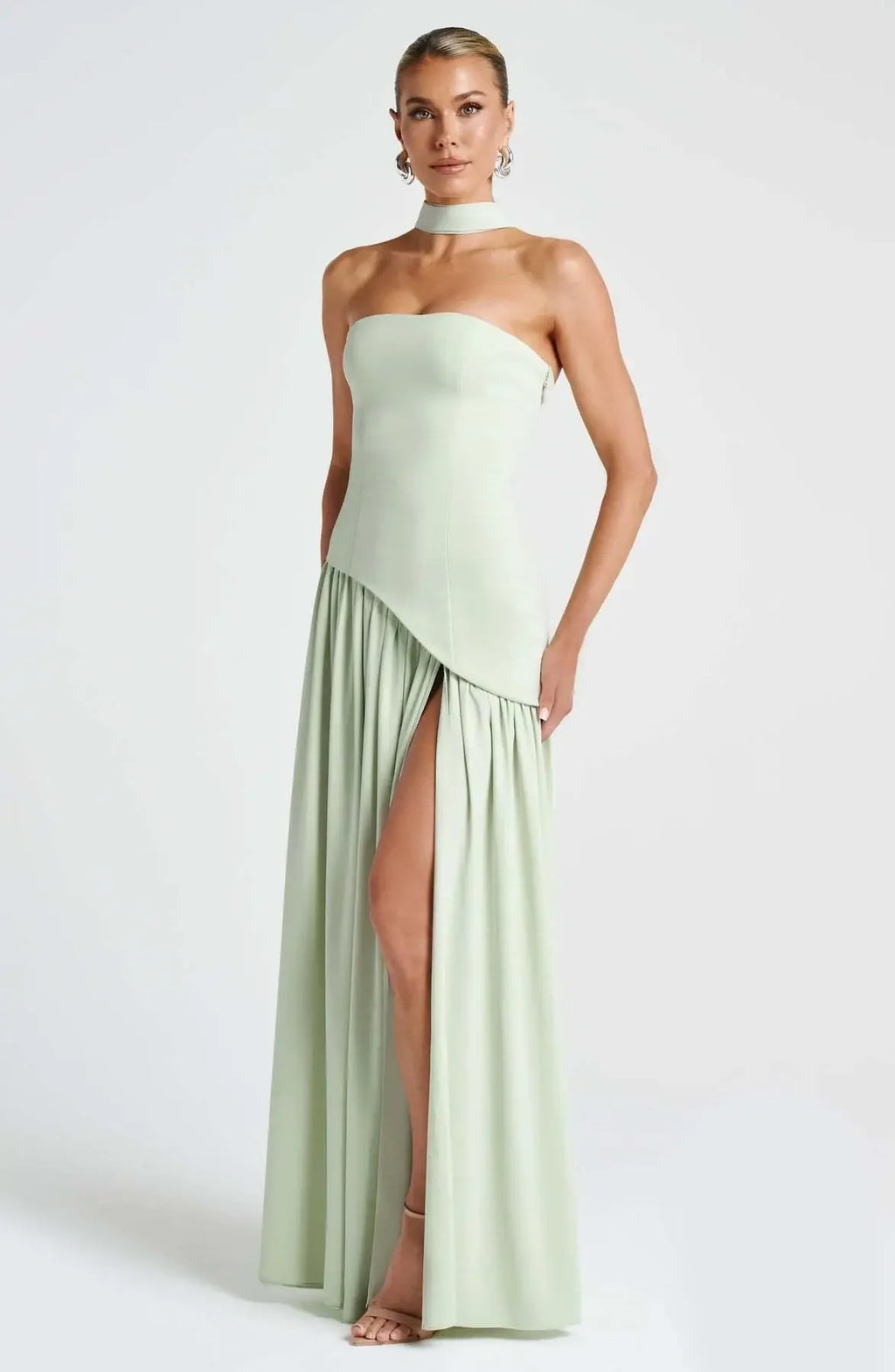 Yellow Scarf Collar Strapless Party Dress Women 2025 New High Slit Backless Spliced Pleated Robes Female Summer Party Prom Gowns