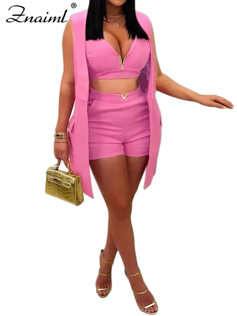 Women'S Fashion New Tank Top and Shorts 3 Pieces Set with Vest Coat Summer Casual Vacation Party Office Lady Outfits 2025