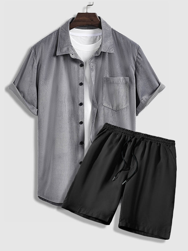 Ben - Men's Brushed Corduroy Button-Up Shirt Casual Shorts Set