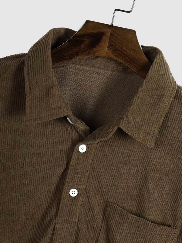 Hans - Men's Corduroy Half Button Short Sleeve Shirt Casual Shorts Set