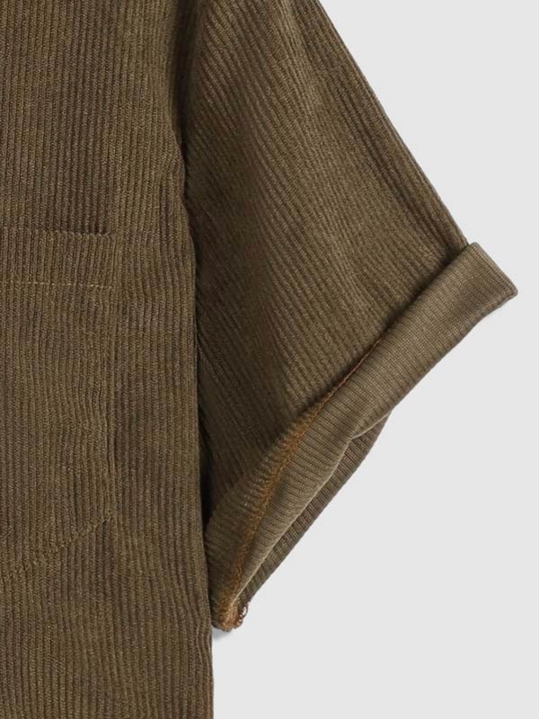Hans - Men's Corduroy Half Button Short Sleeve Shirt Casual Shorts Set