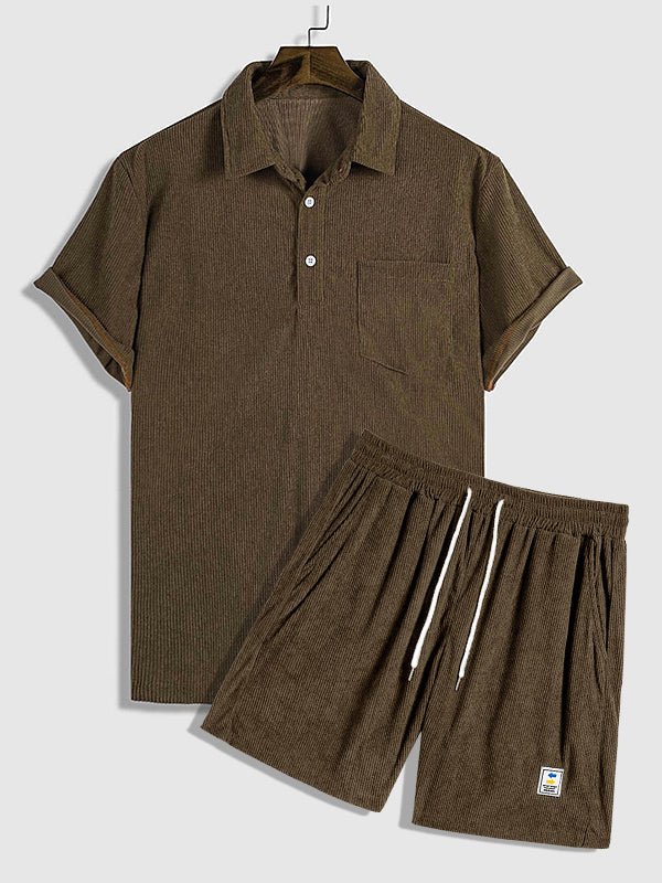 Hans - Men's Corduroy Half Button Short Sleeve Shirt Casual Shorts Set