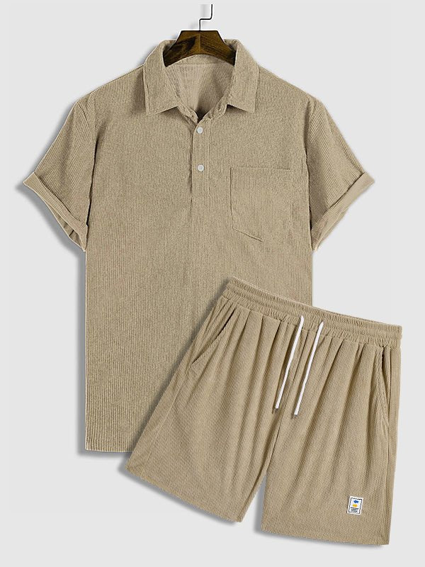 Hans - Men's Corduroy Half Button Short Sleeve Shirt Casual Shorts Set