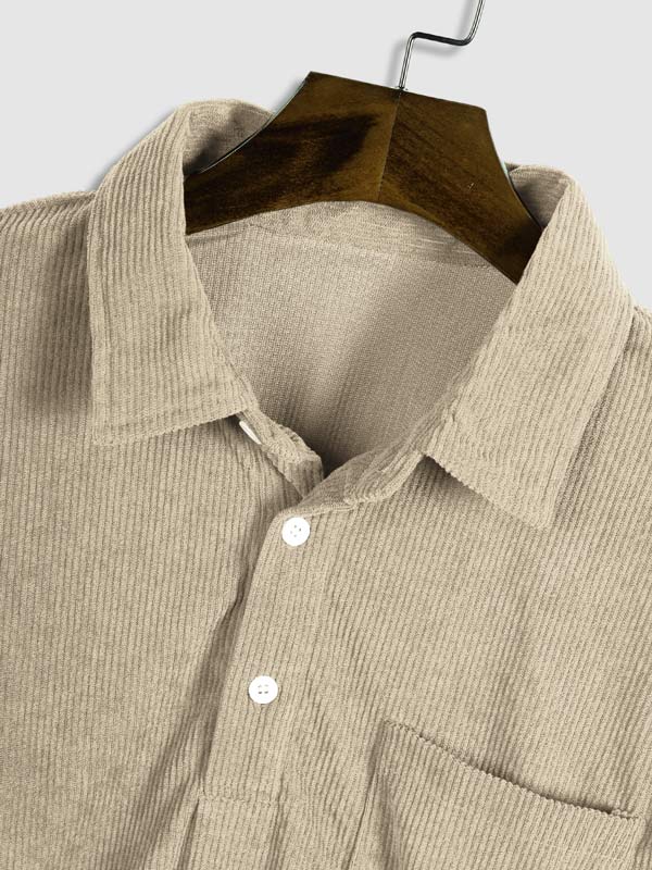 Hans - Men's Corduroy Half Button Short Sleeve Shirt Casual Shorts Set