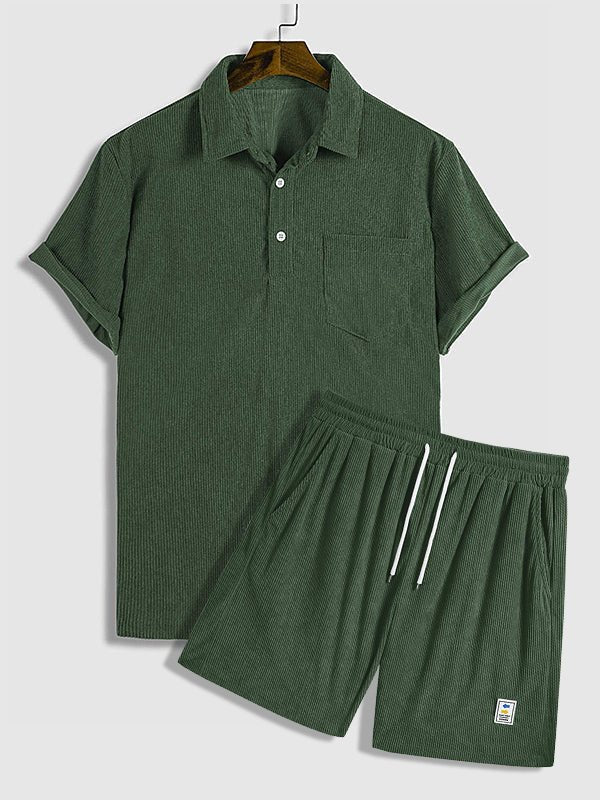 Hans - Men's Corduroy Half Button Short Sleeve Shirt Casual Shorts Set