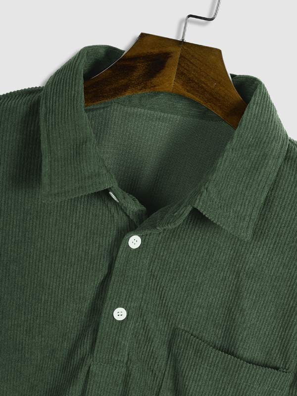 Hans - Men's Corduroy Half Button Short Sleeve Shirt Casual Shorts Set