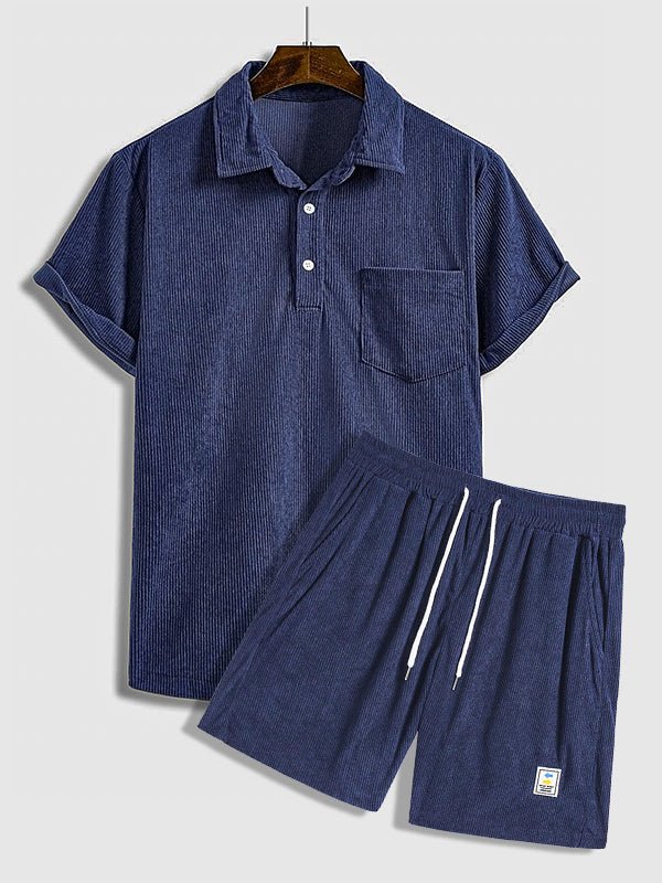 Hans - Men's Corduroy Half Button Short Sleeve Shirt Casual Shorts Set