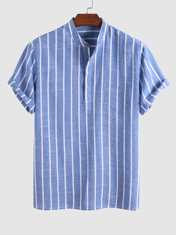 Dustin - Men's Cotton Linen Striped Mandarin Collar Half Button Shirt  Casual Shorts Set