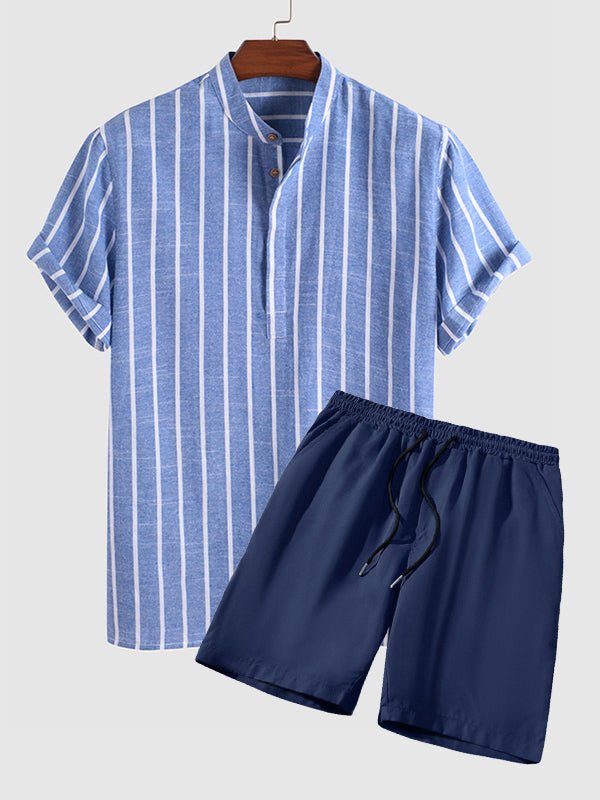 Dustin - Men's Cotton Linen Striped Mandarin Collar Half Button Shirt  Casual Shorts Set