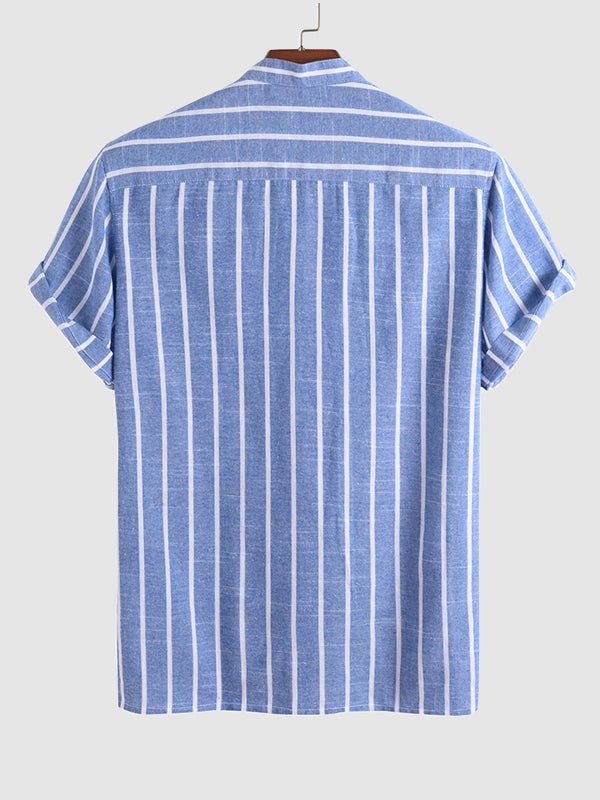 Dustin - Men's Cotton Linen Striped Mandarin Collar Half Button Shirt  Casual Shorts Set