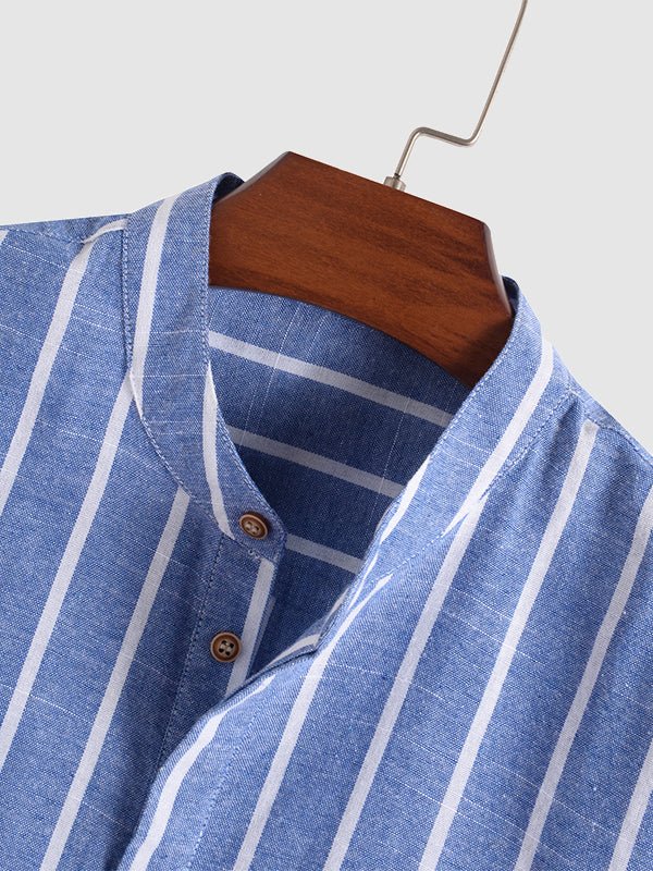 Dustin - Men's Cotton Linen Striped Mandarin Collar Half Button Shirt  Casual Shorts Set