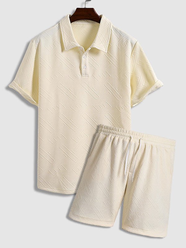 Umar - Men's geometric jacquard lapel short sleeve polo shorts set