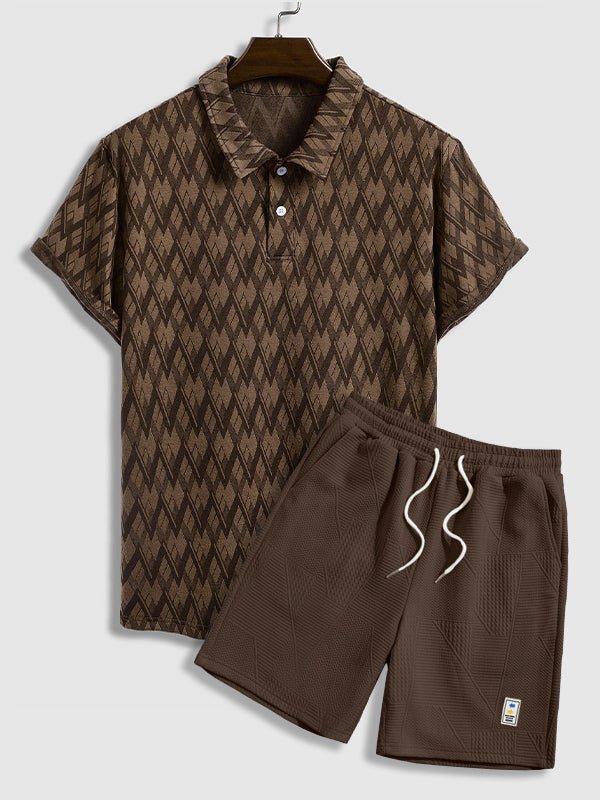 Rabin - Men's geometric retro lapel polo casual shorts set