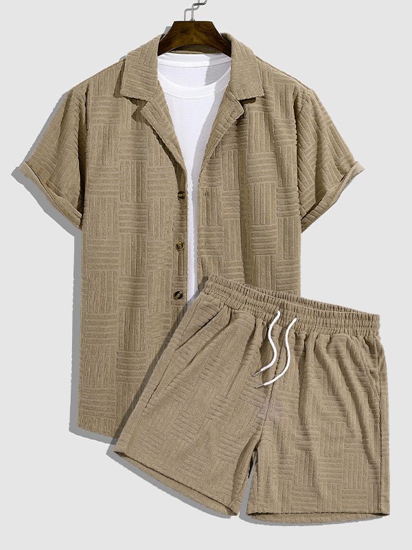 Quen - Men's geometric terry texture shirt casual shorts set