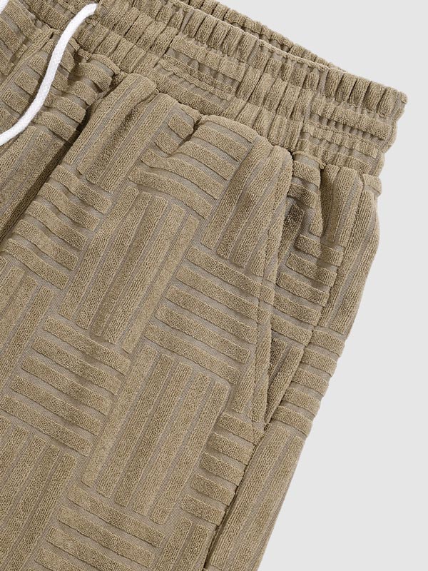 Quen - Men's geometric terry texture shirt casual shorts set