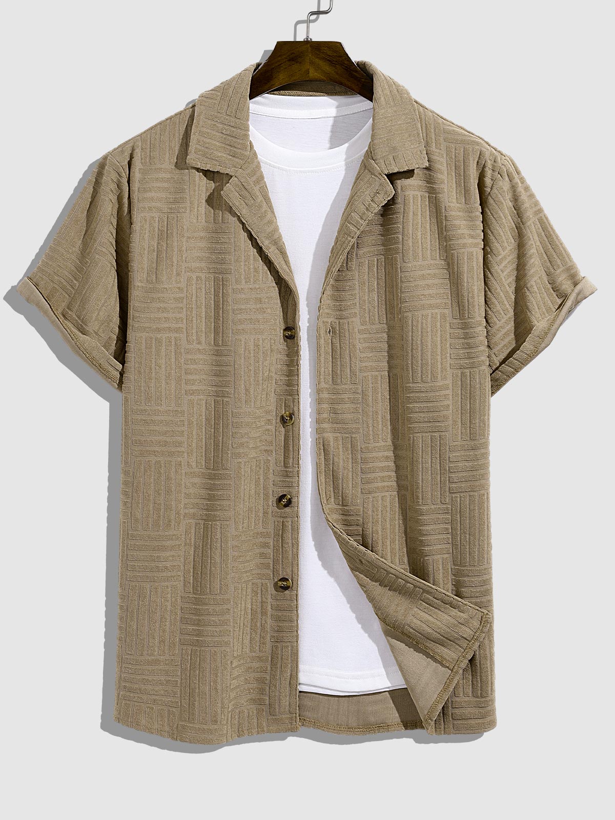 Quen - Men's geometric terry texture shirt casual shorts set