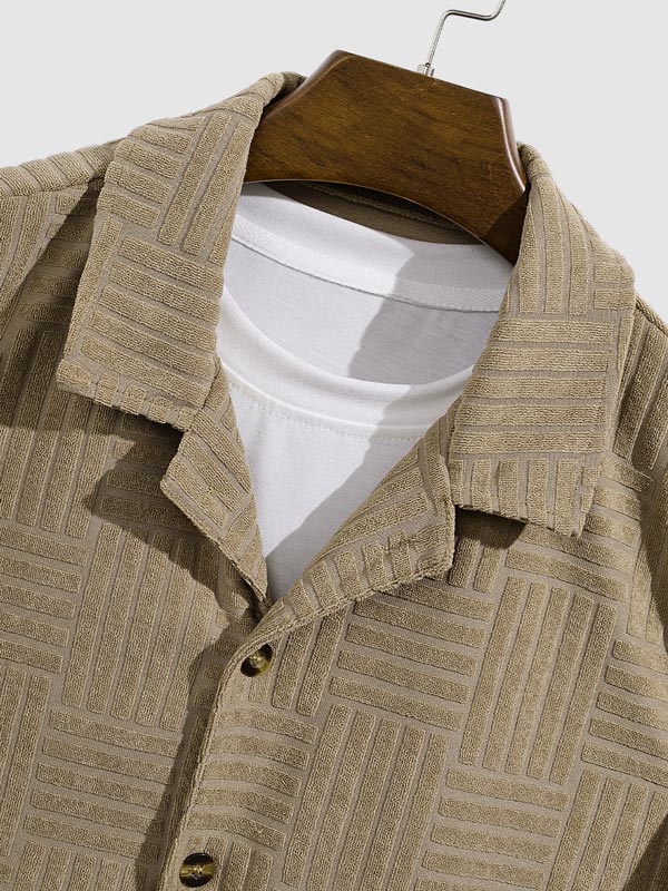 Quen - Men's geometric terry texture shirt casual shorts set
