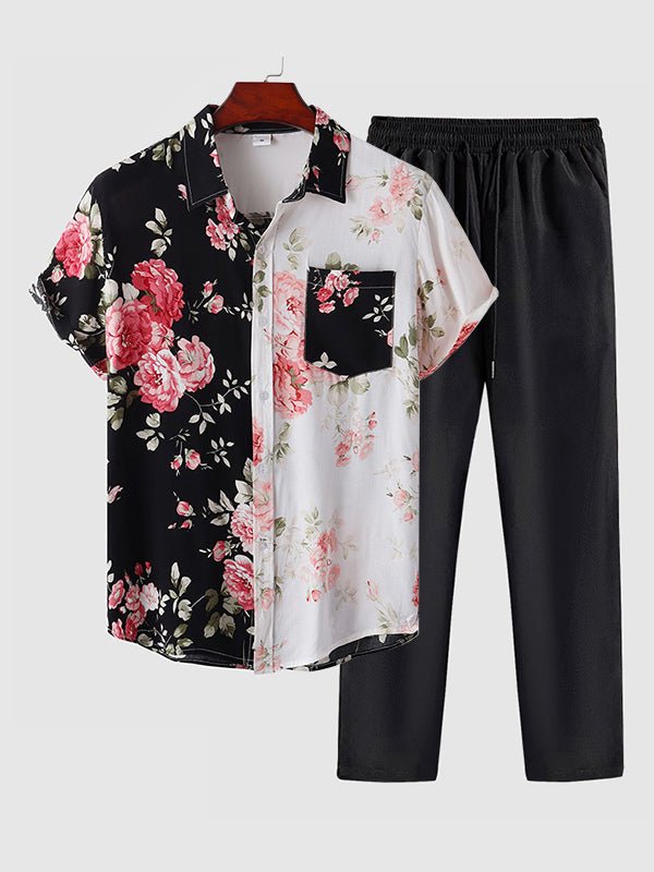 Vin - Men's Hawaiian floral patchwork short-sleeved shirt casual pants set