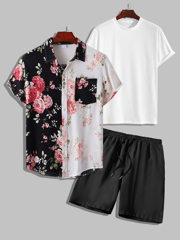 Justin - Men's Hawaiian floral patchwork short-sleeved shirt solid color T-shirt casual shorts set