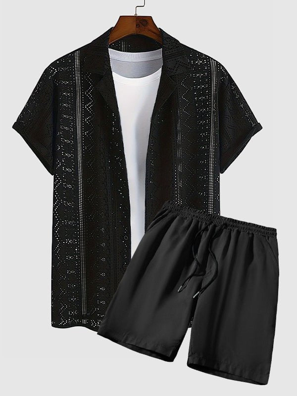 Calvin - Men's knitted hollow casual shirt  shorts set